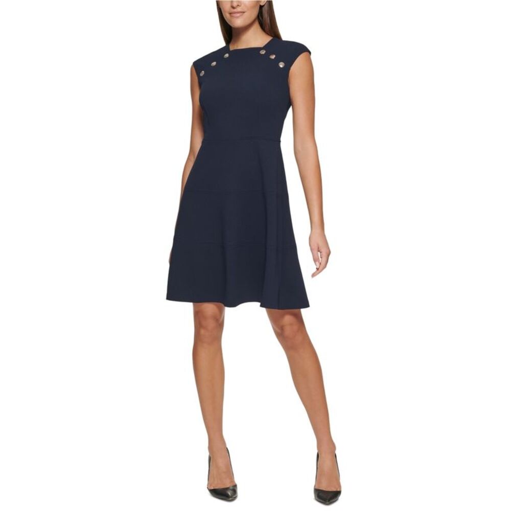 Tommy Hilfiger Womens Button Detail Fit & Flare Dress, Blue, 6, DM